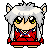 Pixel art character icon with silver hair, yellow eyes, red outfit, and wolf ears on a gray background.