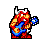 Animated pixel art of a red bull-like character with white horns playing blue electric guitar, transitioning through multiple poses.