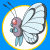 Pixelated cartoon butterfly icon with blue background on left and green text logo on right, displayed as a contact sheet.