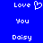 Blue background with white pixelated text reading 'Love', 'You', 'Daisy' and a heart symbol, displayed in two identical side-by-side