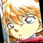 Anime-style character with orange hair and blue eyes, wearing a purple top with red accents, displayed in a side-by-side comparison of two expressions.