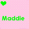 Pixelated heart icons in green, blue, and yellow above the name 'Maddie' on a pink dotted background with a gray rectangle.