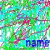 A pixelated static image with a vibrant green and cyan background, featuring scattered pink and brown accents and blue text at the bottom.