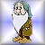 Pixelated character with green cap, white beard, brown tunic, red pants, and yellow boots against light blue gradient background.