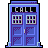 Pixel art of a blue and purple police box with 'CALL' text above the doors, featuring grid-patterned windows and decorative panels.