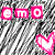 Pixelated static image with pink and white symbols on a grayscale background, featuring three pink square icons with white patterns and a pink heart shape.