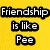 Yellow background with black-outlined white text blocks arranged in two , displaying a humorous phrase about friendship and warmth