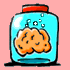 Six animated frames of a cartoon brain in a blue glass jar with red lid against pink background, showing bubble movement and brain shape variations.