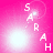 A pink background with white text spelling 'SARAH' vertically, featuring a bright light effect that shifts position across frames.