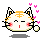 Pixel art cat head with orange stripes, pink cheeks, and closed eyes in four variations showing different expressions and a floating heart.