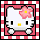 Pixelated Hello Kitty icon with pink flower bow, yellow nose and eyes, white face on red checkered background.