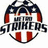 Pixelated circular icon with dark blue top arc, red side sections, white middle band, and bold black text reading "STRIKERS" across the center.