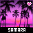 Pixelated sunset scene with palm trees, two heart icons above, and 'SAMARA' text at bottom in white and pink.