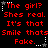 Red pixelated text on black background with white star and dotted line accents, repeating phrases about a girl's smile.
