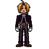 Pixel art character in black suit with white gloves and brown shoes, standing and crouching with changing rain effects on gray background.