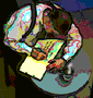 Animated sequence of a person in a colorful patterned shirt writing on a yellow paper at a round table with a cup, viewed from above.