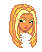 Pixelated cartoon head with long blonde hair, green eyeshadow, and pink lips on gray background.