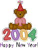 Brown teddy bear wearing red party hat with multicolored streamers, pink shirt, and brown pants sits atop colorful '2004' numerals on gray background.