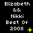 Pixelated text displays 'Elizabeth && Nikki Best Of 2008' with yellow star-like symbols changing across frames on a black background.