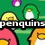 Pixelated cartoon penguins on green background with floating purple orbs, text overlays change across frames.