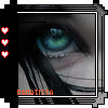 A close-up of a person's eye with blue-green irises, framed by black hair and a pixelated border, with red text and heart icons.