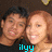 Two people with light skin tones pose closely together against a dark background, with blue text at the bottom.