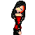 Pixel art animation featuring two characters in red outfits against checkered and solid backgrounds with repeated text elements.
