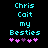 Pixelated cyan text reads 'Chris Cait my Besties' above five pink and purple hearts on black background, with animation changing heart colors.