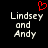 Pixelated text 'Lindsey and Andy' with a red heart symbol above the text on a black background.