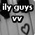 Black-and-white pixelated image with text overlays and symbols including 'ily guys', 'vv', a heart, and multiple lines of alphanumeric characters.