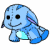 A 50x50 pixel animated buddy icon featuring a blue cartoon creature on the left and green text on a dark background on the right, displayed as a contact sheet with two frames.