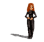25 pixel-art frames showing a woman with long red hair in black attire performing various poses against a gray background