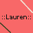 Two instances of the text ::Lauren:: appear on a coral background, one in black and one in white with pixelated diagonal lines crossing the image.