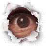 Three pixelated eye icons with torn paper edges, two showing open eyes and one closed eye in a