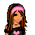 Pixel art contact sheet showing two frames of a female character with long brown hair, pink headband, black crop top with pink heart, and orange lace-up boots; text "Kailey" in pink below right frame.
