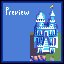 Pixel art of a blue and white castle with multiple towers on green terrain, set against a solid light blue background with the word 'Preview' in pixelated text.