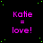 identical pink text blocks reading 'Katie = love!' on a black background with scattered green dots, one block replaced by a gray rectangle