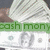 Stack of US dollar bills with overlaid text in green, red, and blue boxes.