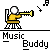 Pixelated character in yellow shirt plays brass instrument with musical notes floating around, text "Music Buddy" below on gray background.