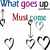 Animated sequence showing text and heart icons with color variations, including 'What goes up', 'Must come', and multiple heart shapes in grayscale and colored forms.