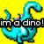 Pixelated cyan dinosaur with red eyes and gray spikes on yellow background, displaying text overlays in different frames.