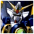 Pixelated static image of a Gundam-style robot with silver armor, red sensor eyes, and golden accents on its head and shoulders against dark blue background.