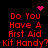 Red pixelated text asks 'Do You Have A First Aid Kit Handy?' on black background with pink heart and starburst symbols.