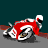 Pixelated red and white motorcycle with rider leaning left, dark background, gray foreground.