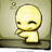 Pixelated yellow figure with closed eyes and a small smile stands on a dark surface against a light background, surrounded by text fragments.