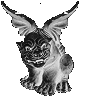 A grayscale animated icon of a winged creature with a dog-like face, showing sequential pose changes in its wings and head position.