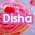 A pixelated image of a pink and red rose with the text 'Disha' overlaid in white letters on a purple background.
