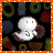 Animated ghost icon with orange eyes and number 3 on chest, floating against Halloween-themed background of rings and shapes.