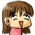 Pixelated cartoon character with brown hair and pink top in two animation frames showing mouth movement.