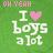 Green pixelated background with pink 'OH YEAH' text at top, white 'I' and heart symbol followed by 'boys a lot' in large blocky letters.